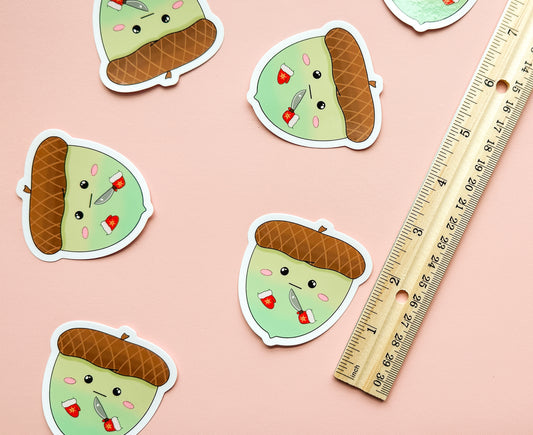Angry Cute Acorn Sticker oh no it has a knife