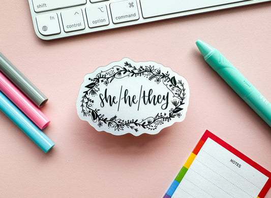 She/He/They Floral Pronouns Sticker