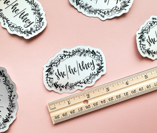 She/He/They Floral Pronouns Sticker